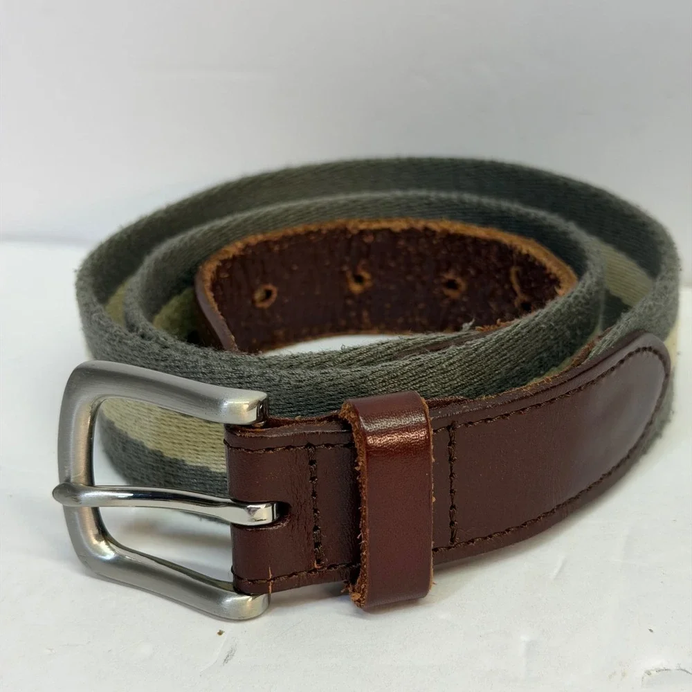 Vineyard Vines Mens Size 34 Striped Canvas Leather Belt Green Tan Preppy Whale